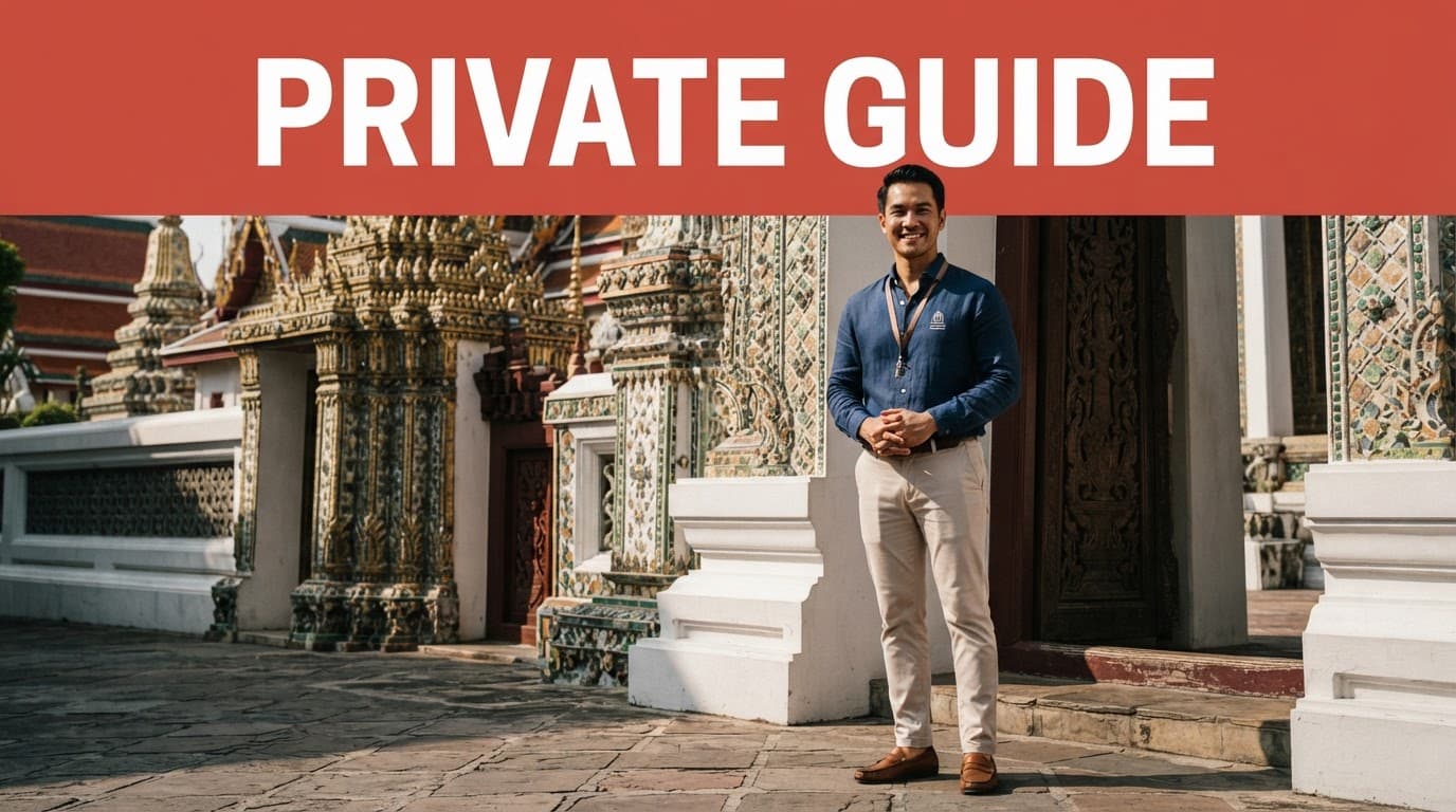 A smiling Bangkok guide stands beside an ornate temple entrance below a red Private Guide banner.