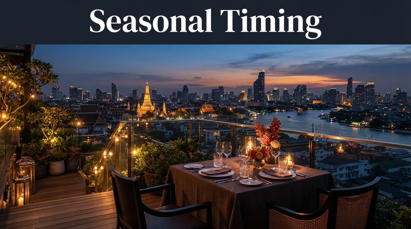 Rooftop dining table overlooking Bangkok at dusk with a Seasonal Timing banner.