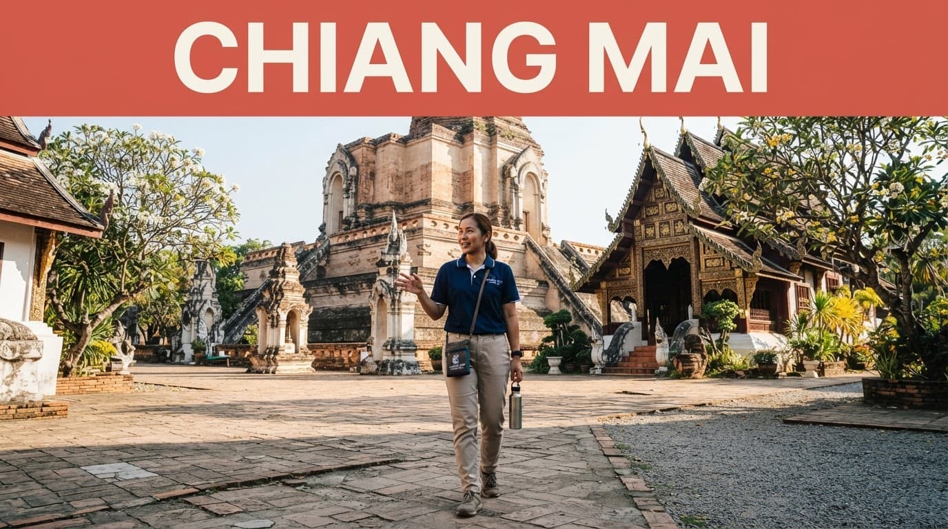 A tour guide walks through a Lanna temple courtyard beneath a red Chiang Mai banner.