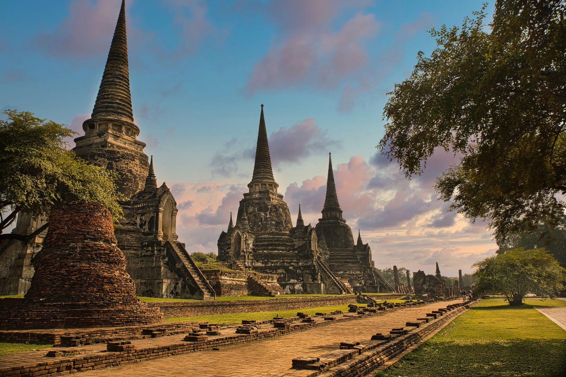 Ancient Ayutthaya temple architecture at sunset