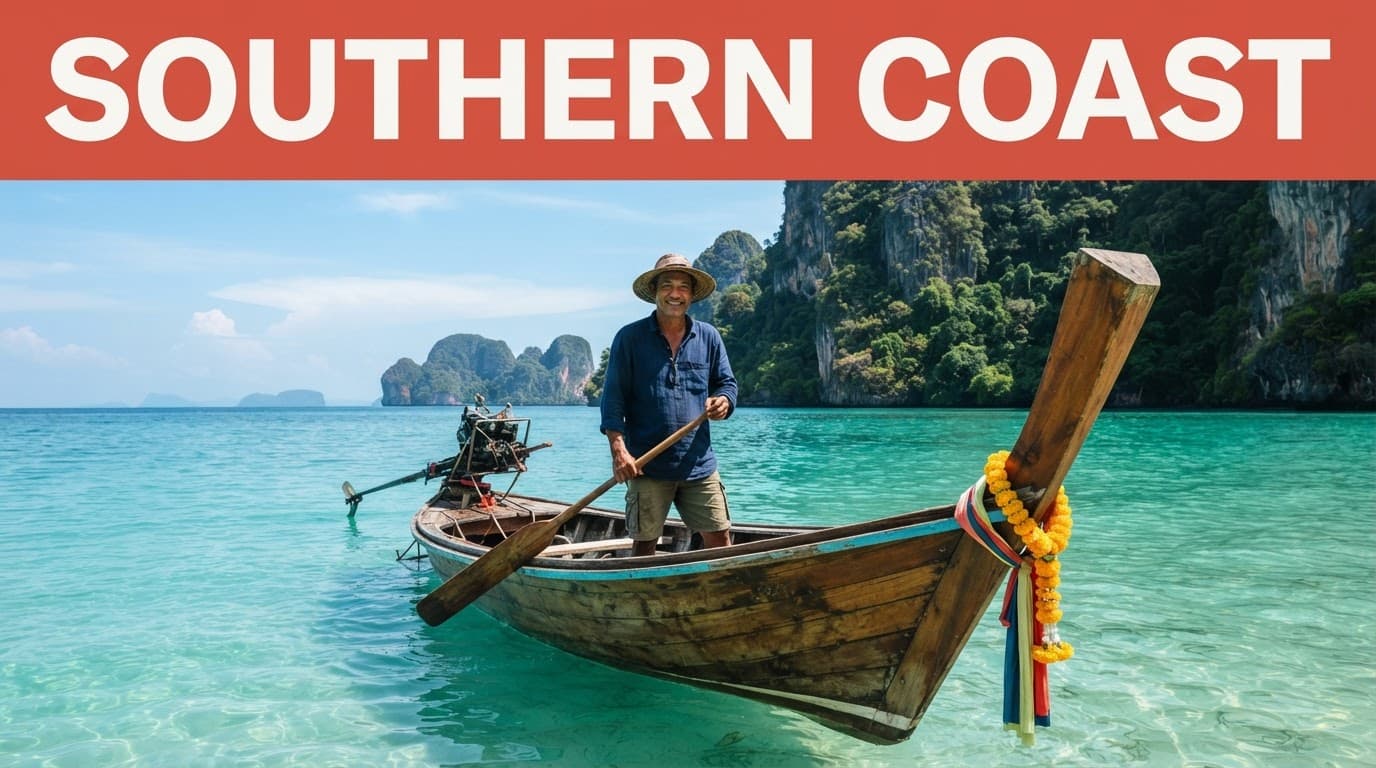 A tour host on a longtail boat beneath a red Southern Coast banner.