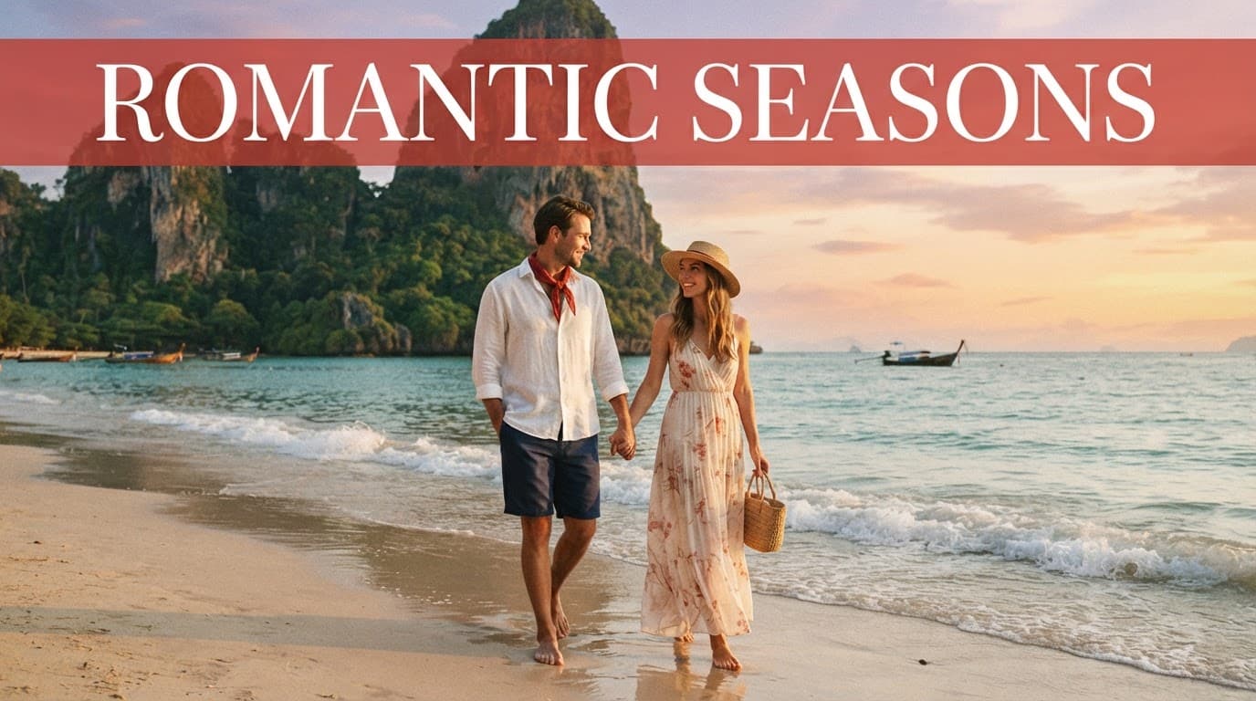 A couple walking together on a quiet Thai beach at sunset.